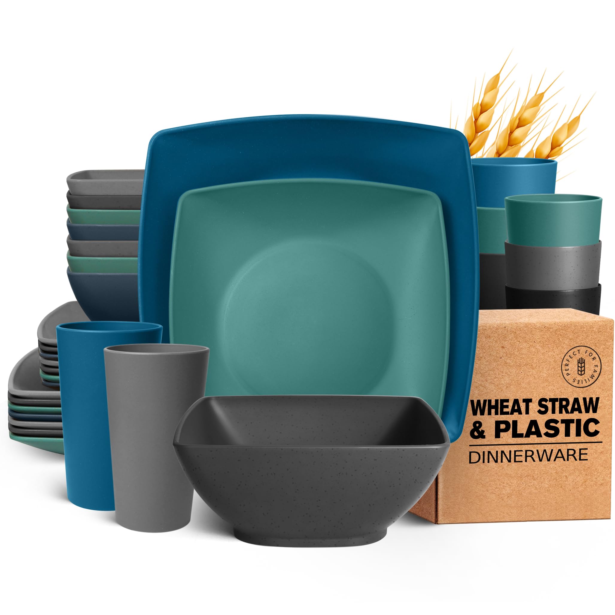 Photo 1 of Teivio 32-piece Plastic Wheat Straw Square Dinnerware Set for 8, Unbreakable Dinner Plates, Salad Plates, Snack Bowls, Tumblers 20 oz, Dishwasher Safe, Coastal Multicolor