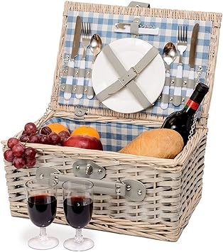 Amazon 宮城茶ヨーロッパ2人伝統的ヴィンテージ英国スタイルウィッカーピクニックバスケットハンガーブルー市松模様キャンバス付きカトラリー プレート グラスライニング Miyagi Tea Europe アウトドア