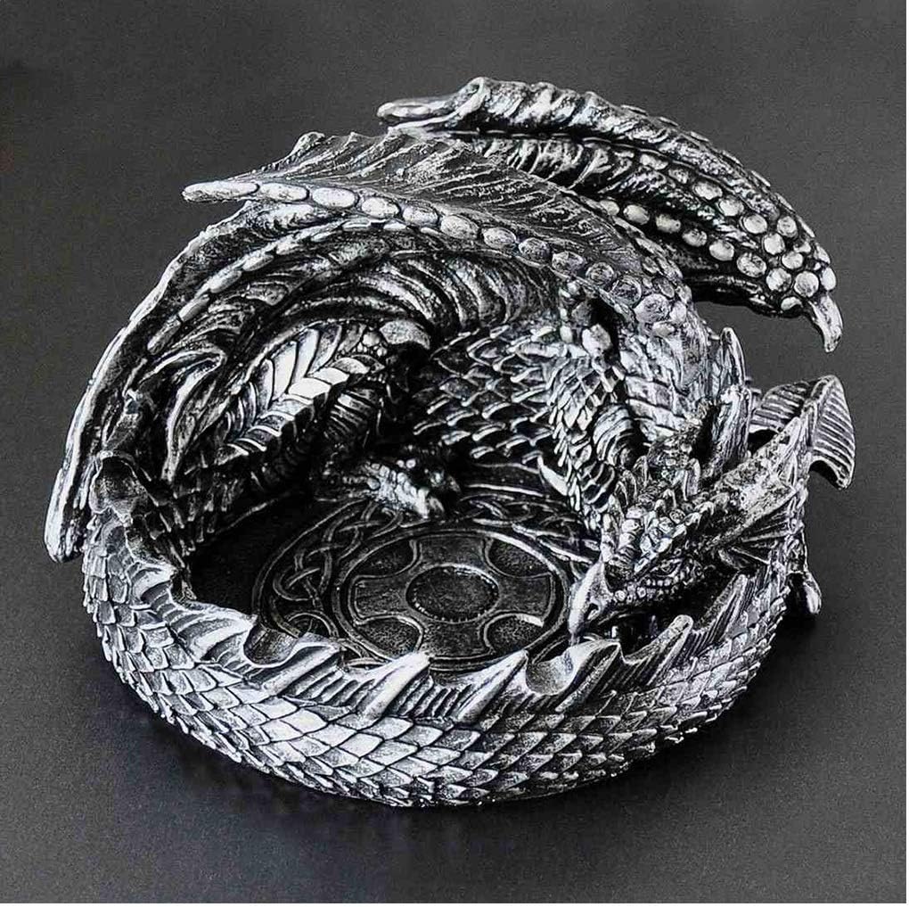 MSchunou Decorative Metallic Look Mythical Dragon Ashtray ，Figurine Sculptures as Home Decor and Barware Smoking Receptacles & Fantasy Gifts for Smokers