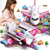 bulucoben Pink Airplane Toy for Kids with 9 Mini Cars &amp; Play Mat | Toy Plane with Lights &amp; Sounds, Transport Cargo Airplane Playset for Girls Ages 3+, Ideal Birthday Gift for Kids