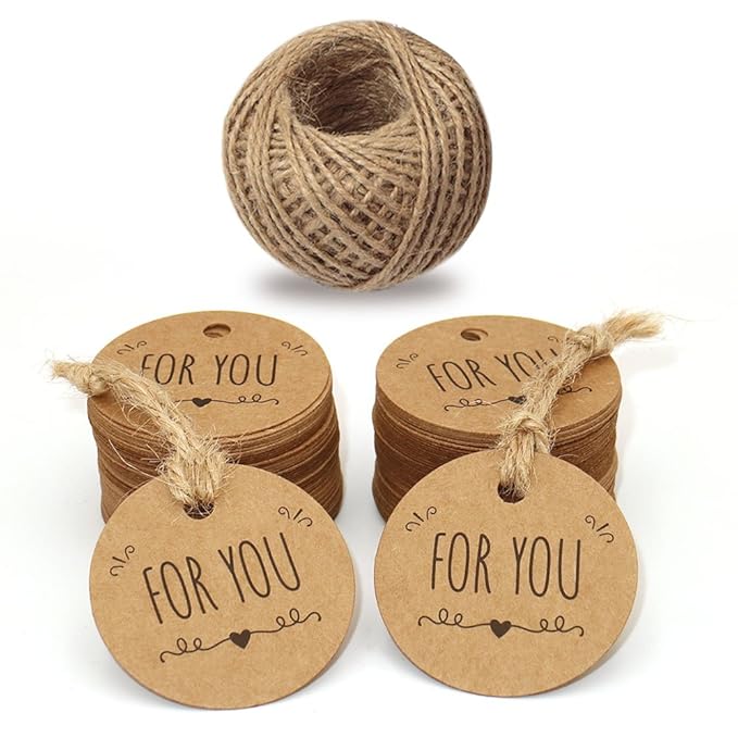 100PCS 5 CM Brown Kraft Paper Tags,"FOR YOU" Round Gift Tags, Kraft Paper Labels with 30 Meters