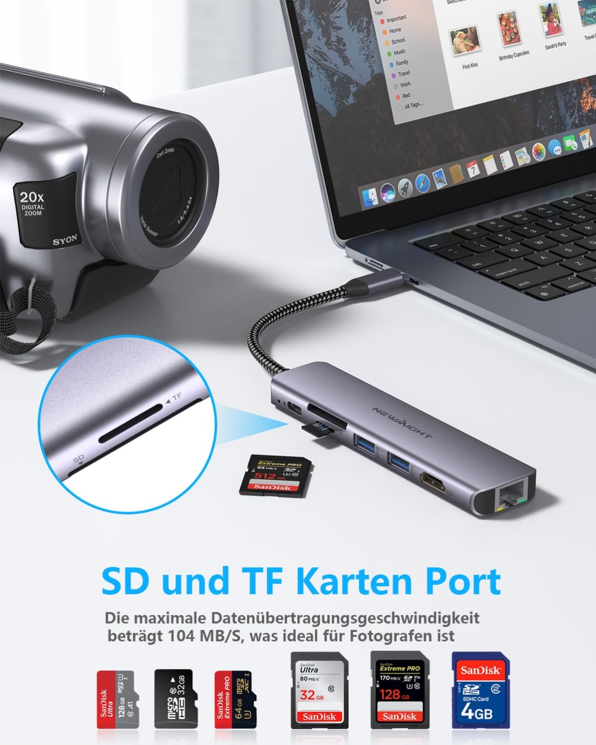 Newmight USB C Hub mit Ethernet,7 in 1 Typ C Adapter mit 4K HDIM, 2 USB 3.0, 1G Ethernet, 100W PD Port, SD/TF Kartenleser, für iPhone 15/MacBook/iPad/Dell/HP und Mehr 5