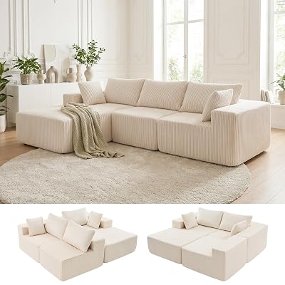DUMOS 108" Boneless Couch, Cloud Sectional Couch with L-Shape Chaise, Modular Sectional Sofa with Deep Seat, Upholstered Couch for Living Room Bedroom, No Assembly Required (Beige, Left Facing Chaise)