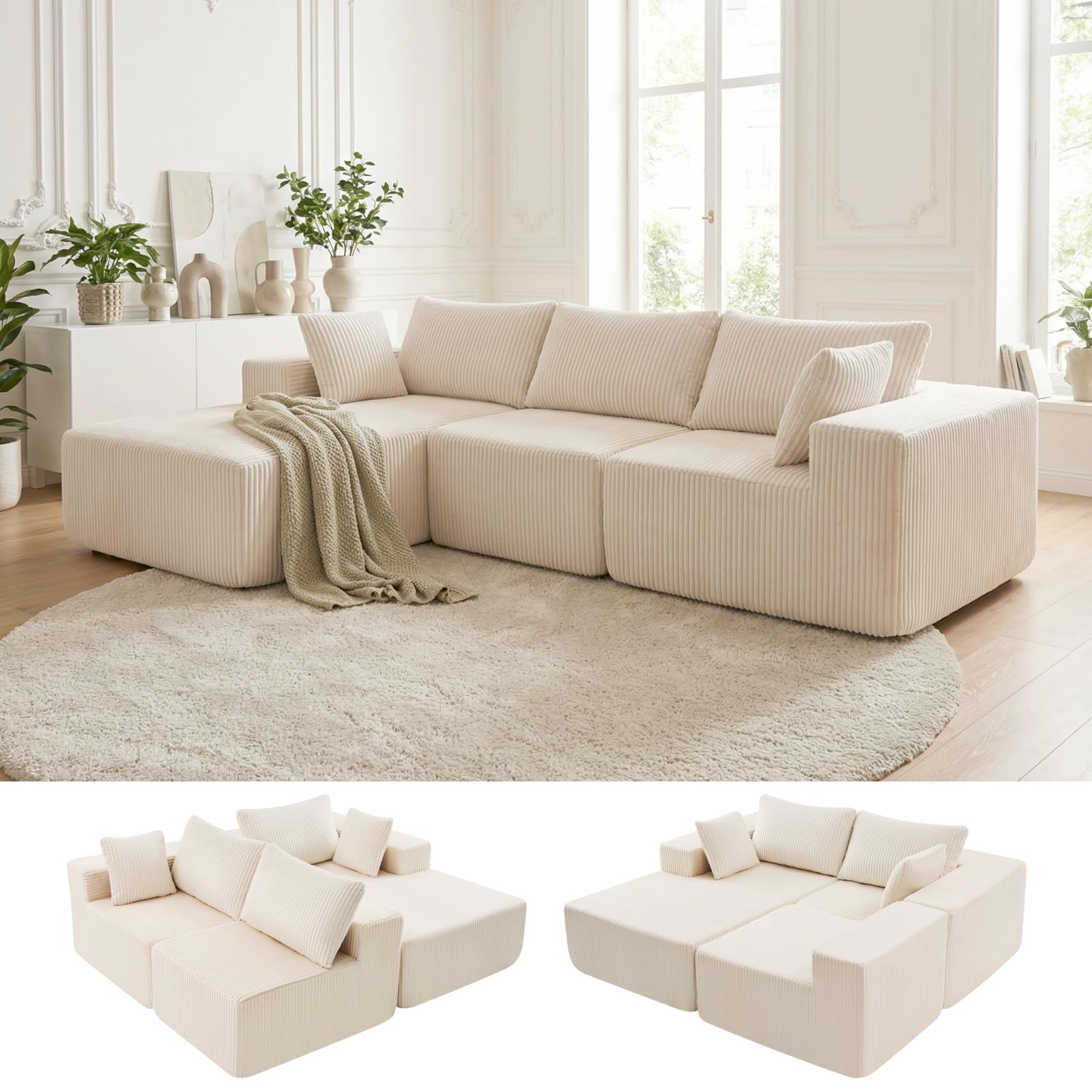 Photo 1 of *** MAJOR DAMAGE/DIRTY FROM TRANSPORT***DUMOS 108" Boneless Couch, Cloud Sectional Couch with L-Shape Chaise, Modular Sectional Sofa with Deep Seat, Upholstered Couch for Living Room Bedroom, No Assembly Required (Beige, Left Facing Chaise)