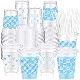 Jingmore 100 Sets Valentine Bow Cups Bulk, 12 oz Coquette Plastic Cups with Lids and Straws Disposable Bow Theme Party Decoration for Valentine Bridal Bachelorette Wedding Party Supplies (Blue)