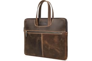 CataPurus Top Grain Leather 15.4" Slim Laptop Briefcase Handbag, Vintage Design with 5 Pockets, Handmade, Compatible with Mac