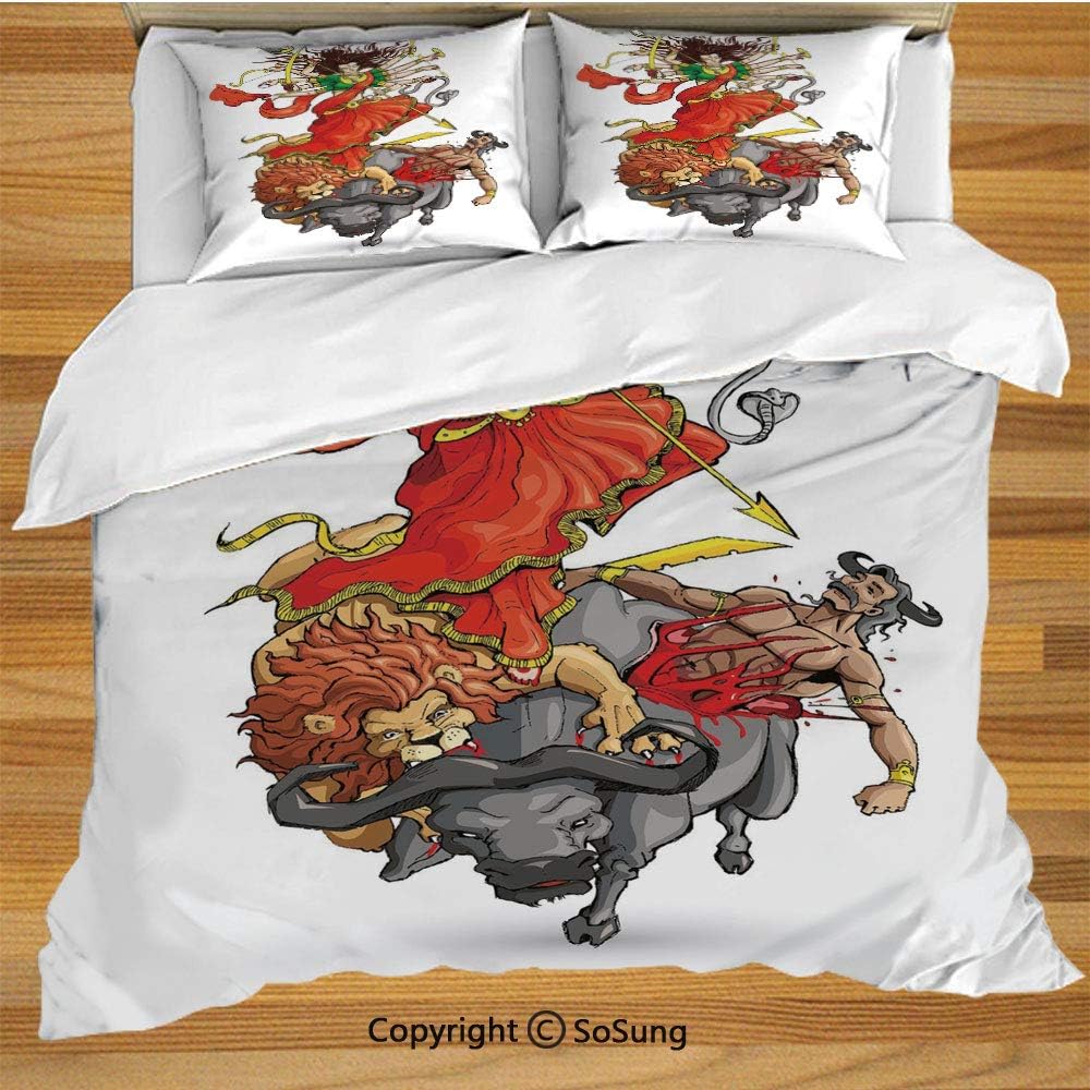SoSung Ethnic Queen Size Bedding Duvet Cover Set,Artistic Recreation of Mythical Scene in Ethnic History Lion Bull and Divinity Print Decorative 3 Piece Bedding Set with 2 Pillow Shams,Multicolor