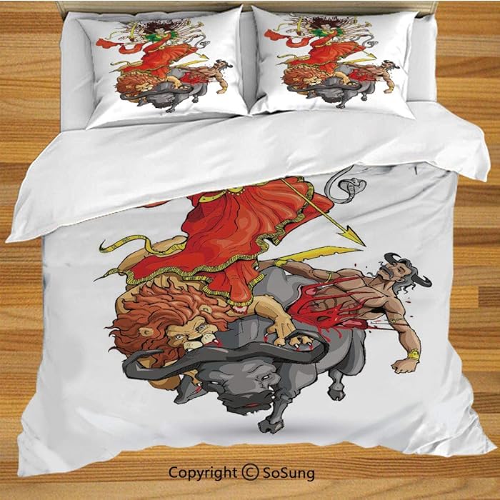 SoSung Ethnic Queen Size Bedding Duvet Cover Set,Artistic Recreation of Mythical Scene in Ethnic History Lion Bull and Divinity Print Decorative 3 Piece Bedding Set with 2 Pillow Shams,Multicolor