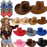 12 Set Wide Brim Cowboy Hat and Bandana for Women Men – 12 Felt Cowgirl Cowboy Hats Bulk with 12 Western Bandanas for Adult Costume Party Multicolored