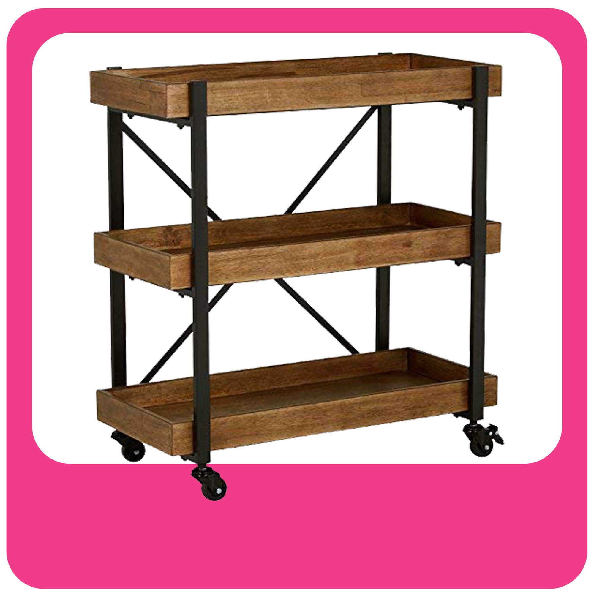 Riley Bar Cart, 3-Tier Rustic Wood and Gold Metal Rolling Kitchen Tray, Wooden Shelves with Metallic Accents, Black