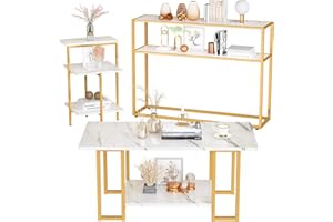 Lamerge Marble Coffee Table Set - 3 Piece Living Room Table Set with Metal Frame, Gold+White