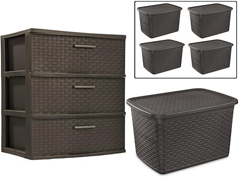 Sterilite 3 Drawer Plastic Storage Wide Weave Tower And 4 Piece