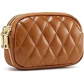 WOZEAH Leather Coin Purse for Women Small 2 Zipper Change Wallet with Key Ring Card Key Coin Cash Holder Pouch(Quilted Brown)