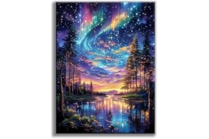TIWABB Starry Night Stamped Cross Stitch Kits for Adults - Lake Tree Embroidery Kits for Beginners Adults,11 CT Patterns Dimensions Counted Cross Stitch Kits for Adults Arts Craft 12x16 inch