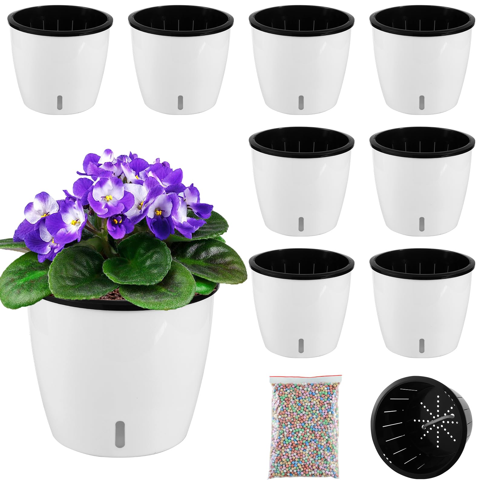 Photo 1 of Planterhoma 6.7 Inch Self Watering Pots for Indoor Plants, 8 Packs African Violet Pots with Indicator, Black Wick Pot with Drainage Holes, Self Watering Planters for Orchid, Devil's Ivy, White