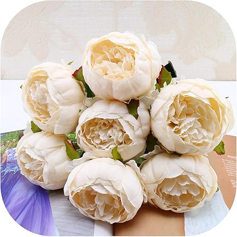 Amazon 欧州の7頭の人工牡丹の花花嫁のブーケハンドフラワーハイグレードdiyのウェディングブーケホームフェイク素材の花バラ ベージュ 造花 オンライン通販