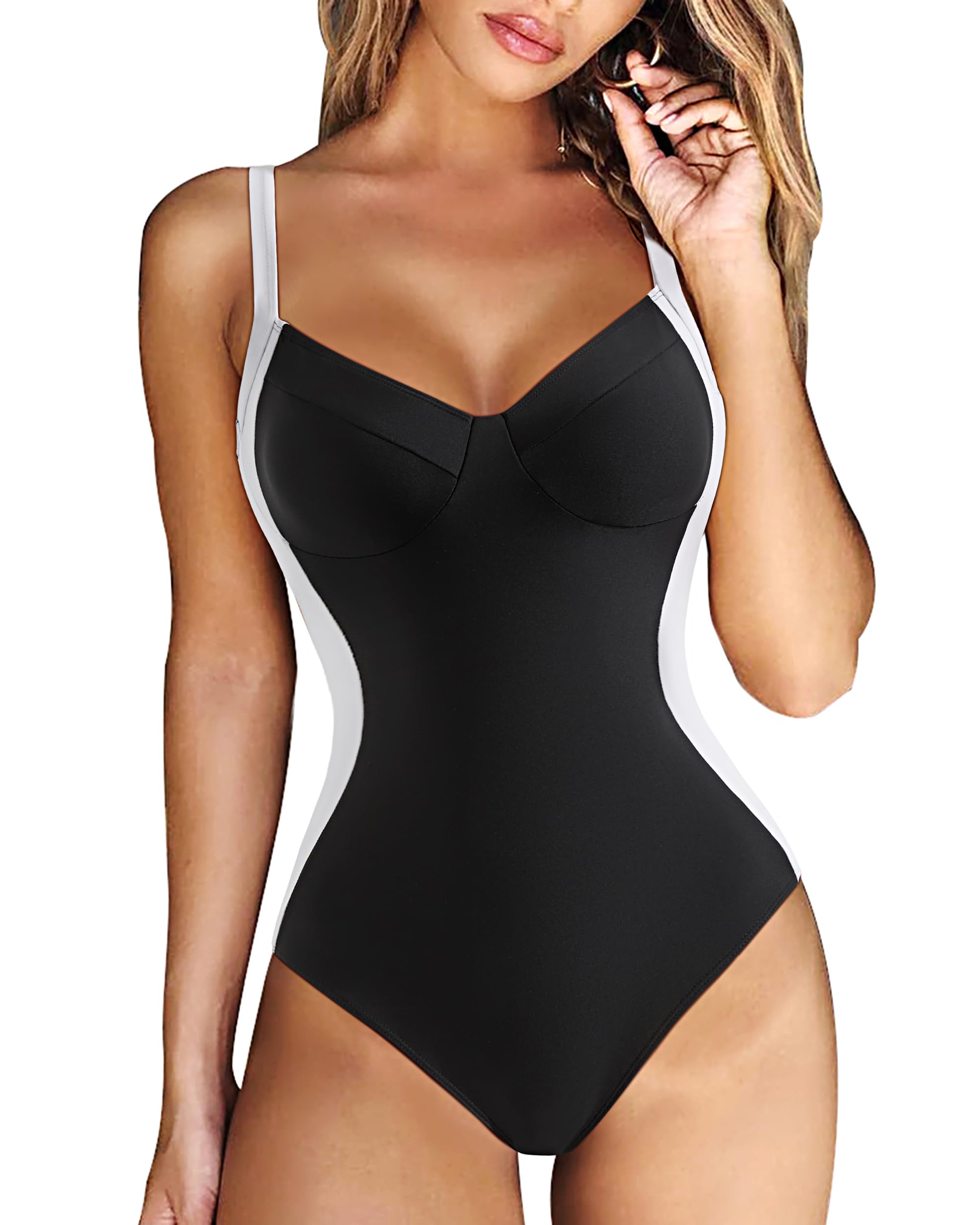 Photo 1 of RXRXCOCO Women Slimming Tummy Control One Piece Swimsuits V Neck Crisscross Back Bathing Suit Black and White Medium