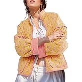 TUREAU Womens Floral Quilted Jackets Lightweight Cropped Button Down Padded Puffer Jacket Winter Warm Coats