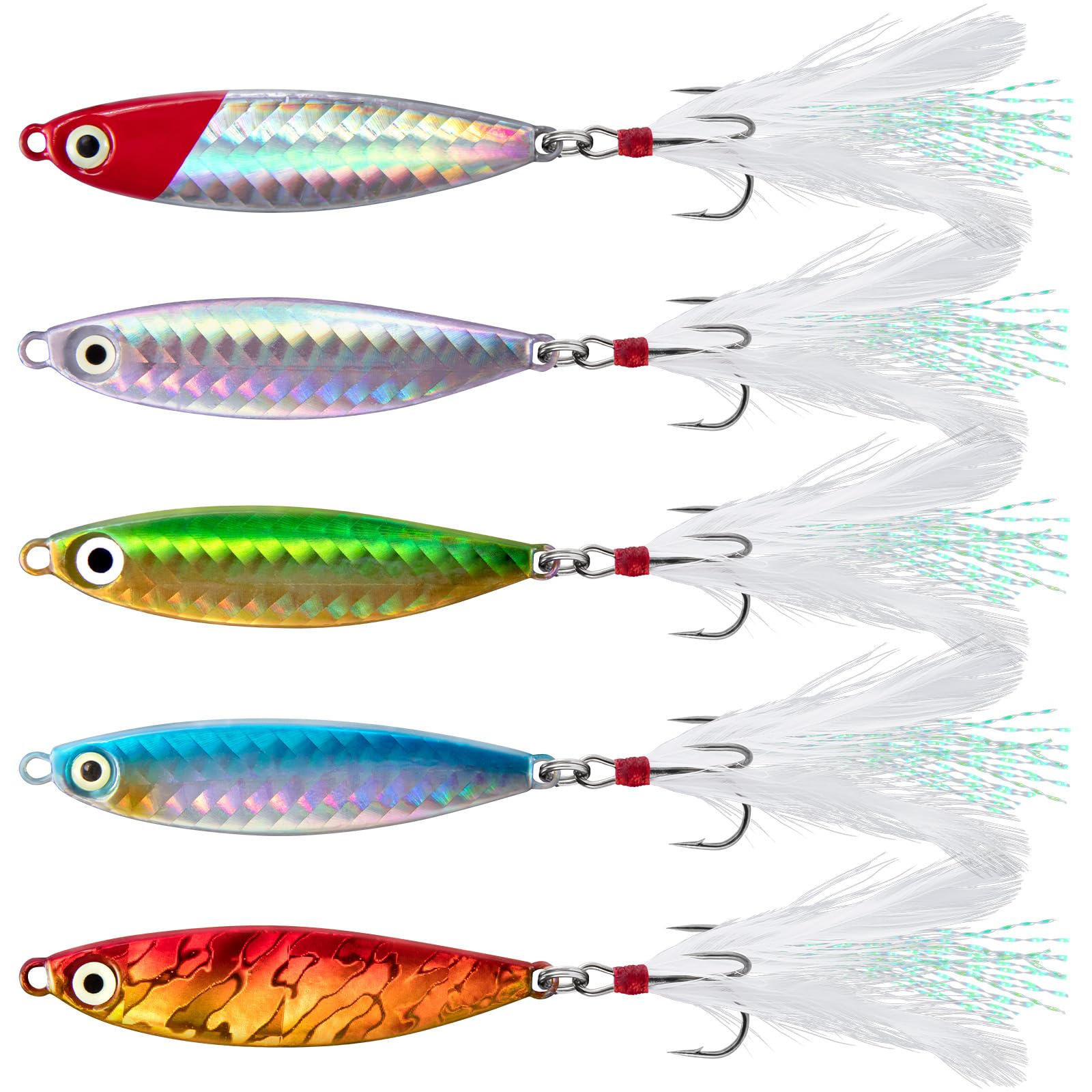 Dr.Fish Set of 5 Metal Sea Fishing Lure 30g Jig Spoons for Beach Casting Spinner Slow Sinking Lure Sea Fishing Tackle for Mackerel Cod Sea Bass Pike Freshwater Saltwater
