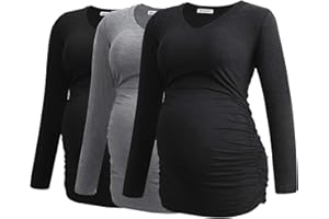Smallshow Women's V-Neck Maternity Shirt Clothes Long Sleeve Ruched Pregnancy Top