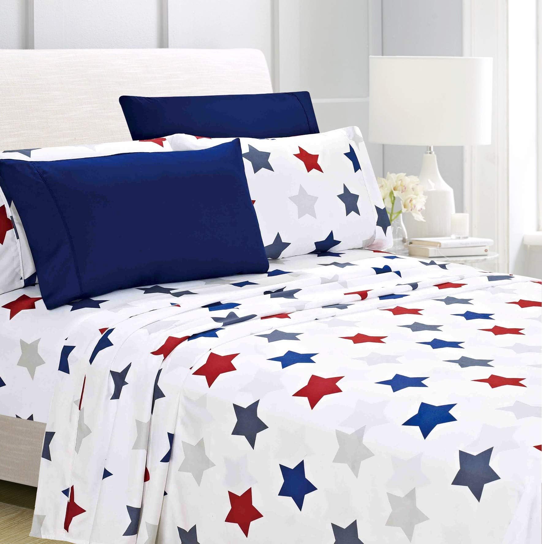 American Home Collection4 Piece Bed Sheet Set Super Soft Brushed Microfiber - 14" Deep Pocket - Wrinkle Resistant - Hypoallergenic (Twin, Union Stars)