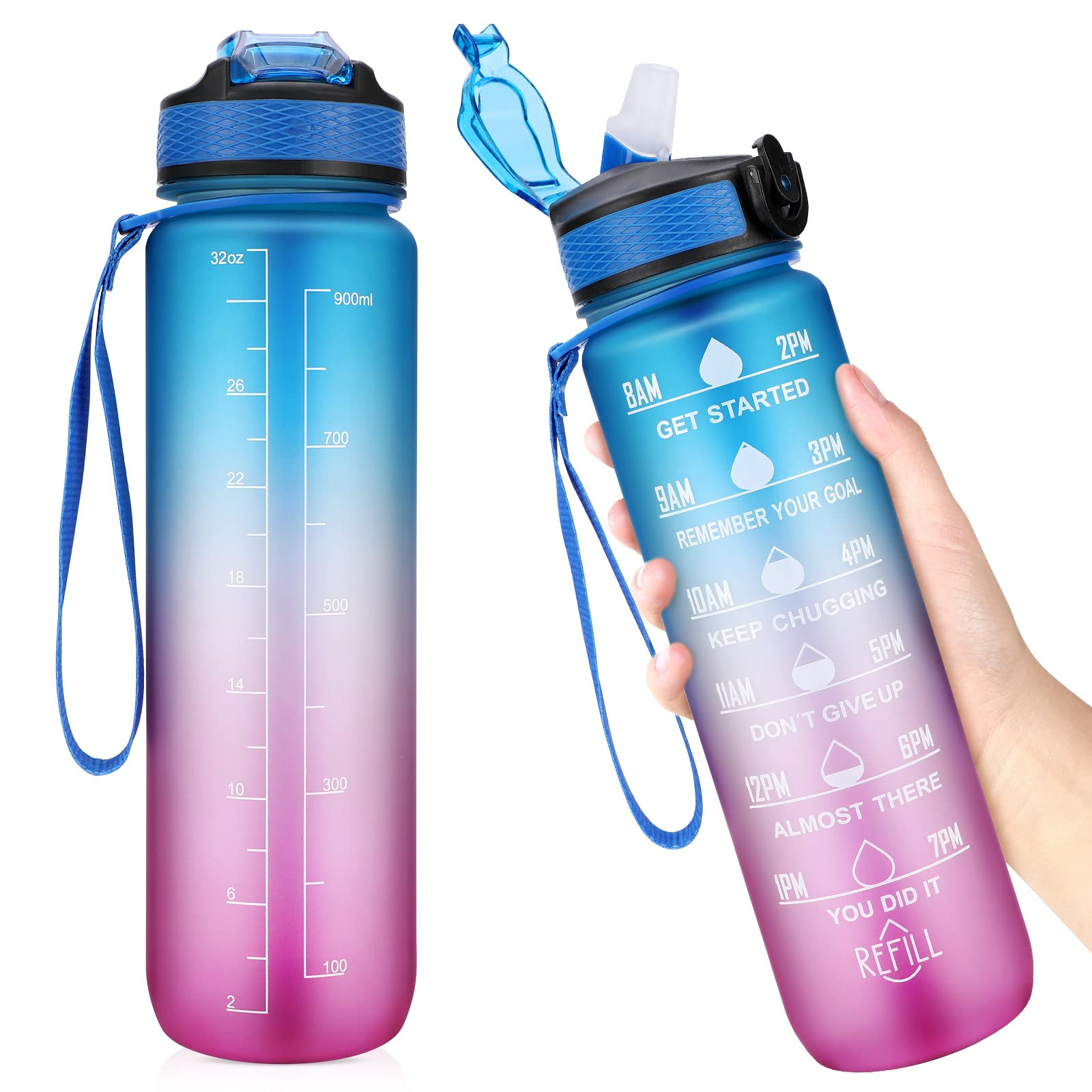 Yirochan 1 Litre Water Bottle with Time Markings - Leakproof Sports Water Bottle with Straw, BPA Free Drinking Bottle Sports Bottle for Men Women Cycling Hiking Running Gym