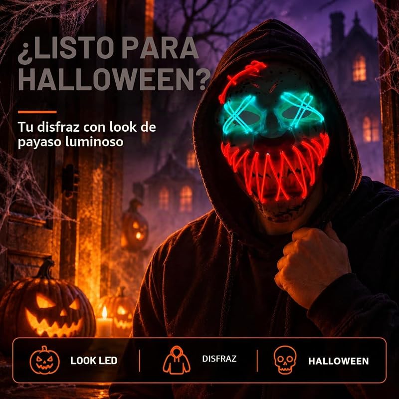 Máscara LED de Palhaço de Halloween - Controlável a partir de Purge, Rosto Luminoso, para Halloween, Vestido Elegante e Carnaval como Fantasia para Homens e Mulheres (Escolha de — foto 2 de 6