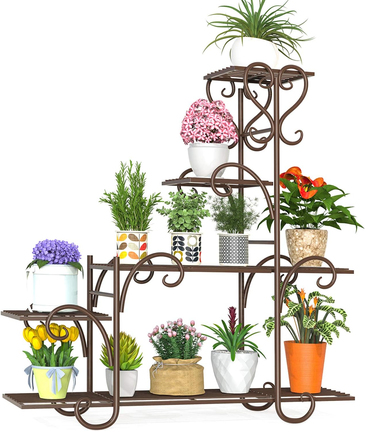 Elekin 8 Tier Metal Shelves Flower Pot Plant Stand Display Indoor Outdoor Garden Patio Plant Rack,Brown(8-10 Flowerpots)