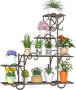 Elekin 8 Tier Metal Shelves Flower Pot Plant Stand Display Indoor Outdoor Garden Patio Plant Rack,Brown(8-10 Flowerpots)