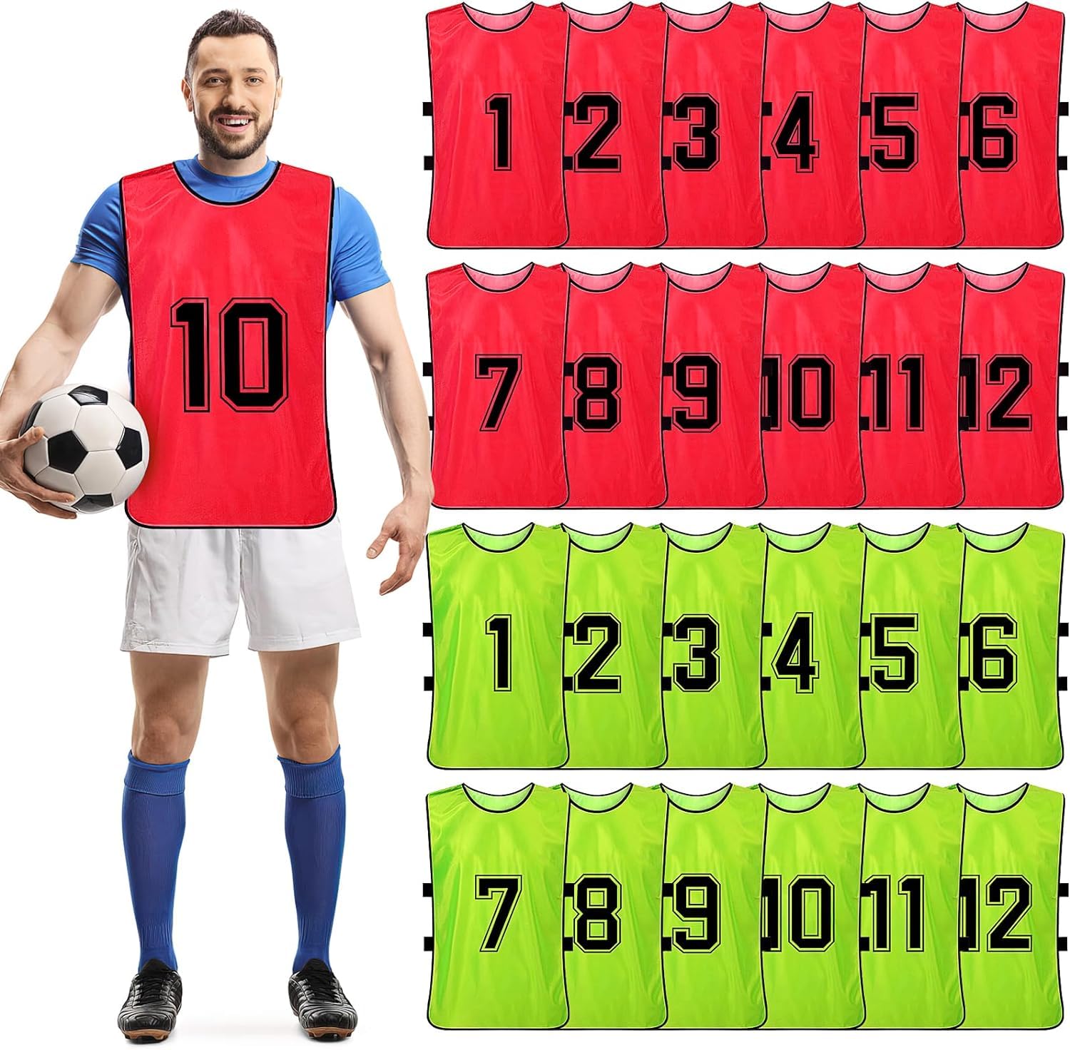 24 Pcs Scrimmage Training Vest - Soccer, Basketball, Football Bibs/Pinnies, Reversible Numbered Soccer Team Pennies