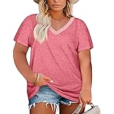 Womens Plus Size V Neck T Shirts Summer Short Sleeve Sexy Tops T-Shirts Tunic Casual Loose Fit Soft Basic Tees