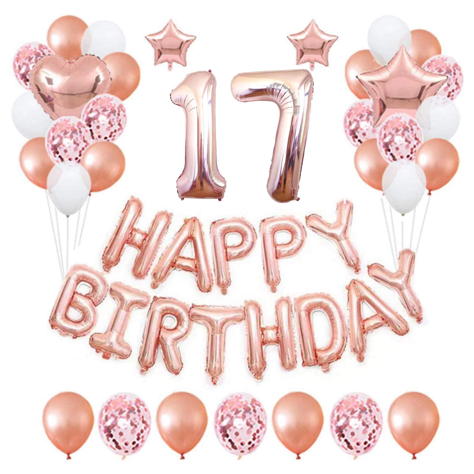 17th Rose Gold Birthday Party Decorations Pack 48PCS Banner Happy Birthday Decorations for Girls Women Party Supplies Happy Birthday Star Heart Rose Gold Foil Balloons Latex Balloons (17th)