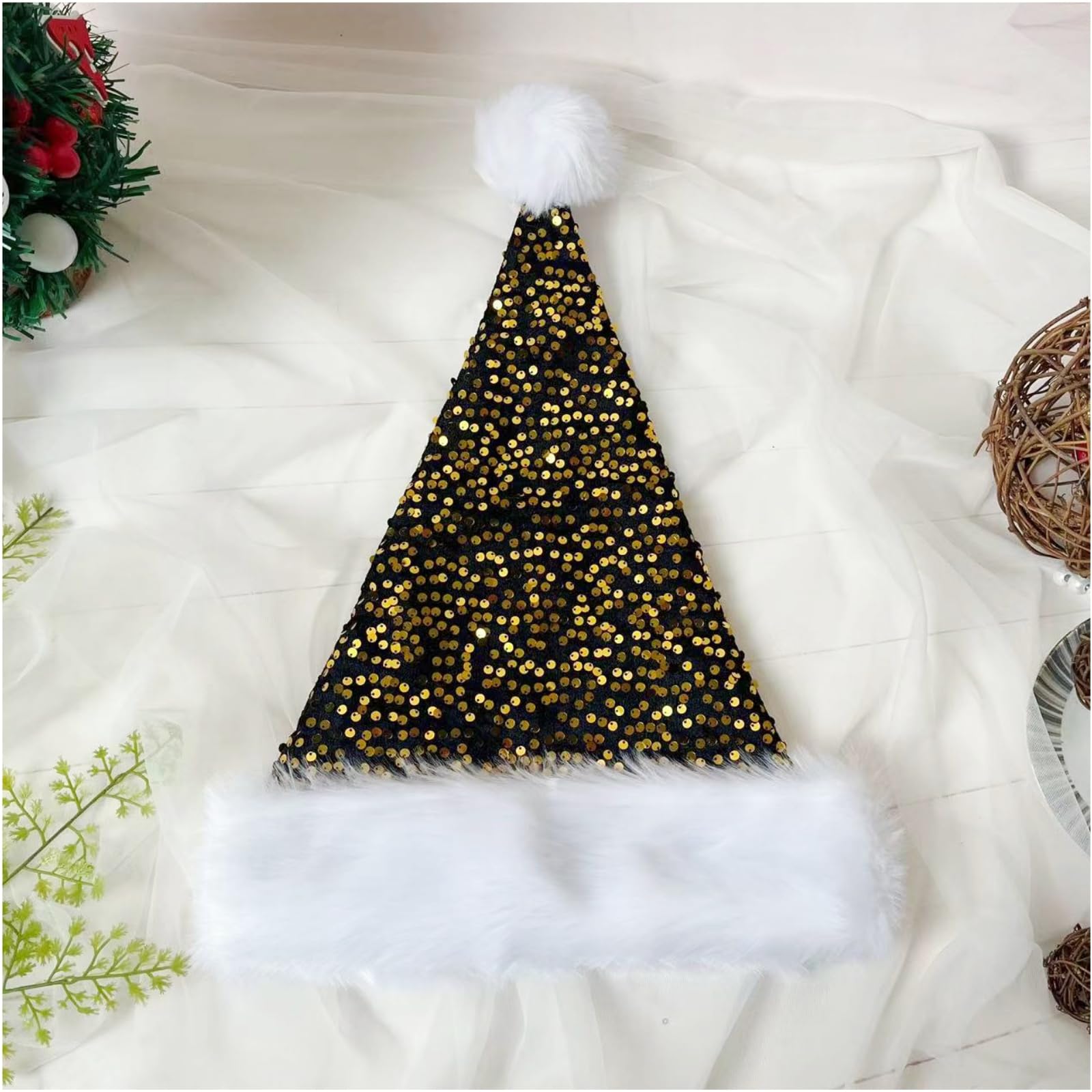 Black Gold Velvet Santa Hat - Classic Unisex Luxury Plush Xmas Hat for Kids & Adults — image 1