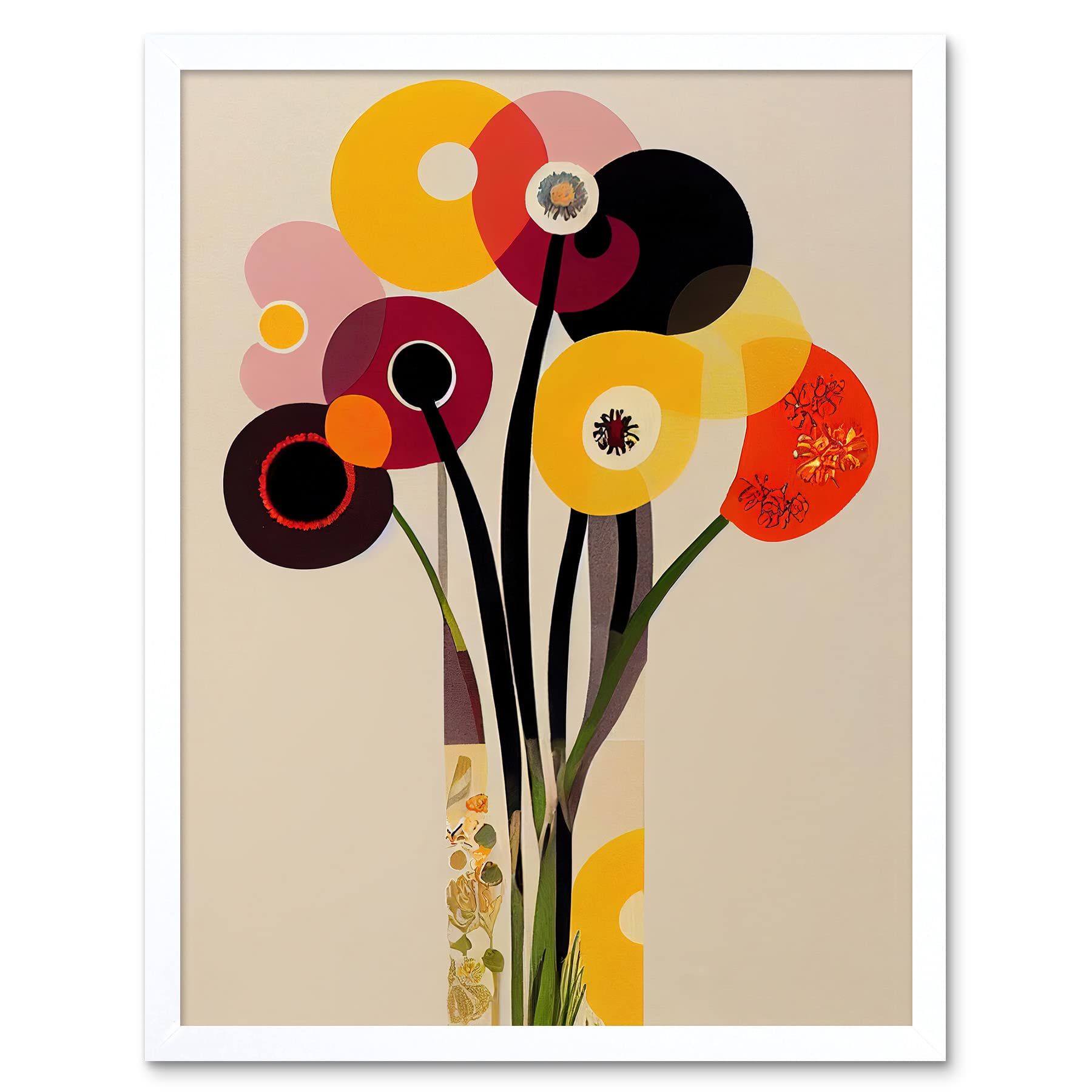 Wee Blue Coo Abstract Retro Spring Summer Flowers Floral Yellow Burgundy Orange Bouquet Vase Art Print Framed Poster Wall Decor 12x16 inch