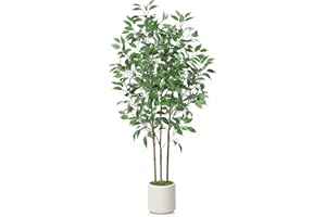 SOGUYI Ficus Artificial Tree 5ft Tall Fake Ficus Tree for Home Decor Indoor Faux Silk Ficus Plant Fake Floor Plant in White Imitation Ceramic Planter with Green Fake Moss, Set of 1