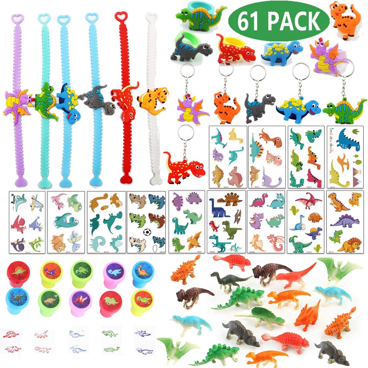 61Pcs Dinosaur Party Favor Supplies Dinosaurs Keychains Tattoo Stickers Rings Bracelets Stampers Mini Dinosaur Toys for Kids Boys Girls Birthday Party Favor Supplies Goodies Bags Fillers