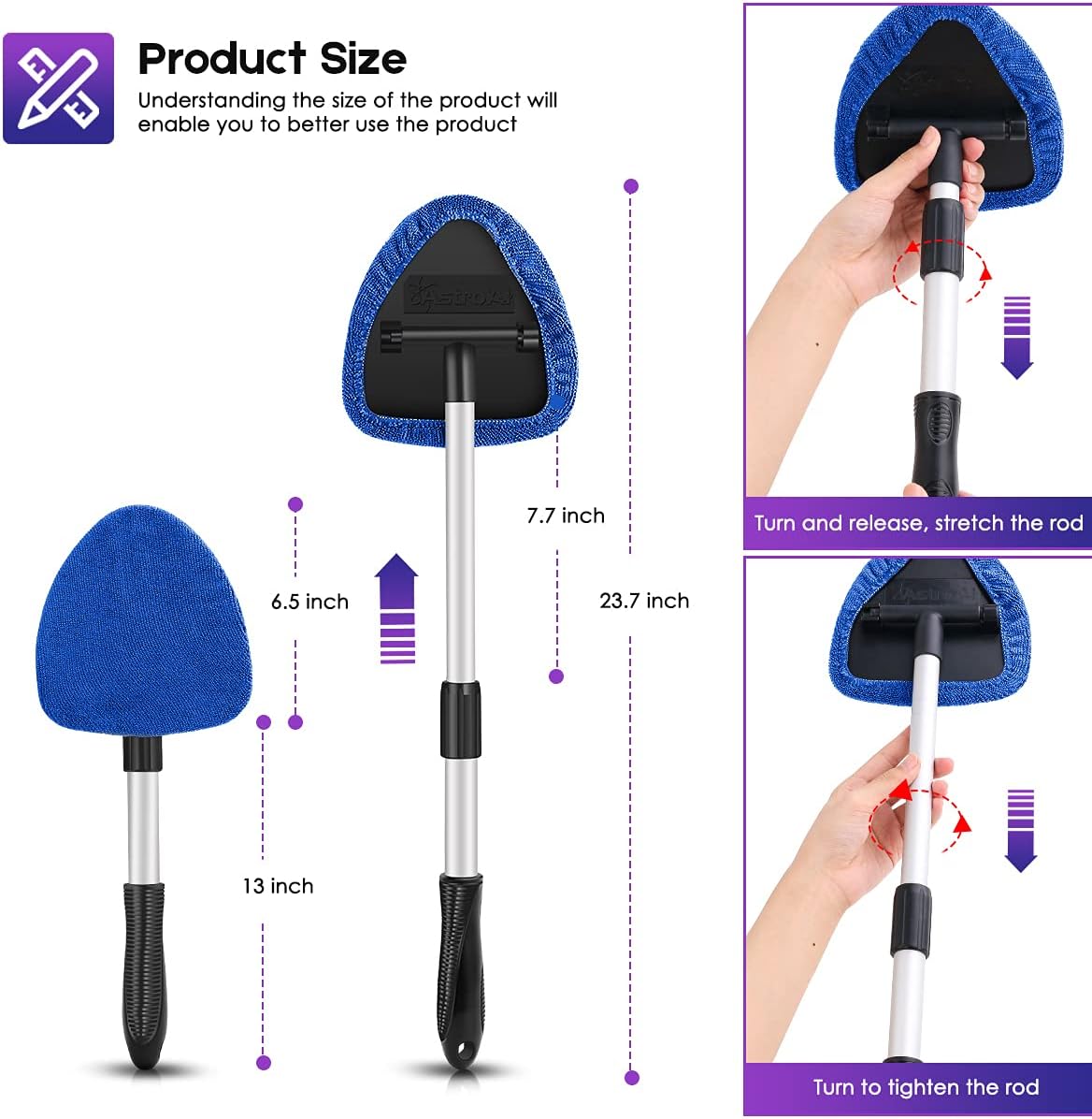 AstroAI Car Window Cleaner, 8 Reusable and Washable Microfiber Pads, Windshield Cleaning Tool with Telescopic and Extendable Handle Auto Inside Glass Wiper Kit, Blue, 2 Pack: Automotive