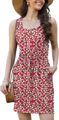 Robe Été Femme Imprimé Floral sans Manches Col en U Mini Robes avec Poche Bohème Ligne A Tunique Décontracté Chic Robe de Plage,Rouge,M