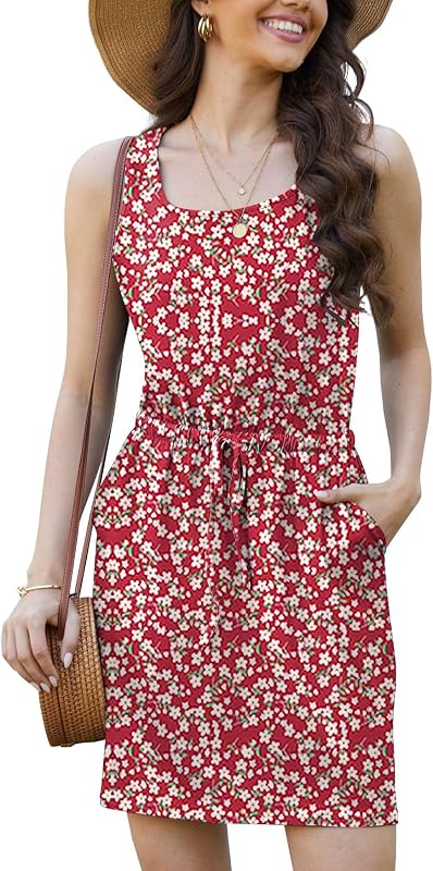 Vestido Verano Vestido de Playa Mujer Mini Vestidos sin Mangas U Cuello Espalda Abierta Verano Ropa de Baño Boho Vestido con Cintura Camisolas Vestidis con Bolsillos Playa Traje Baño Fiesta
