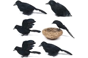 Darnassus 6PCS Halloween Crows Black Realistic Crows Artificial Feathered Raven Prop with Bird's Nest for Halloween Decor Birds