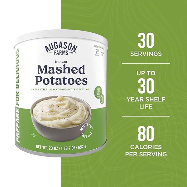INSTANT MASHED POTATOES EMERGENCY FOOD SUPPLY, 30 SERVINGS, 10 YEAR SHELF LIFE, CERTIFIED GLUTEN FREE MASHED POTATOES, FLAVORED WITH BUTTER AND SALT – DEHYDRATED MEALS, SURVIVAL FOOD CAMPING ESSENTIALS CAN