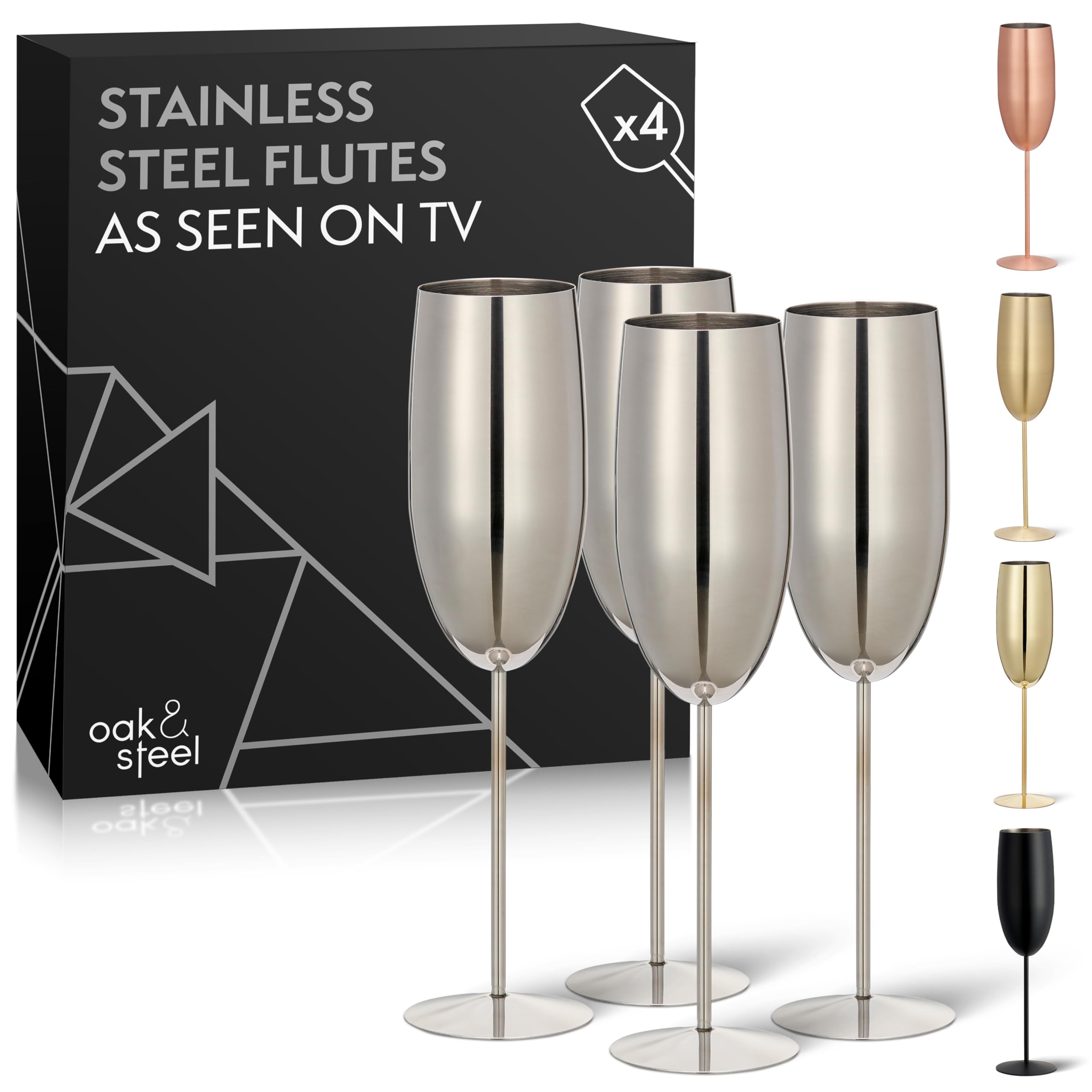 Oak & Steel - 4 Silver Stainless Steel Champagne Flutes with Gift Box, 284 ml - Elegant, Solid & Unbreakable - Birthdays, Weddings, Valentine's Day