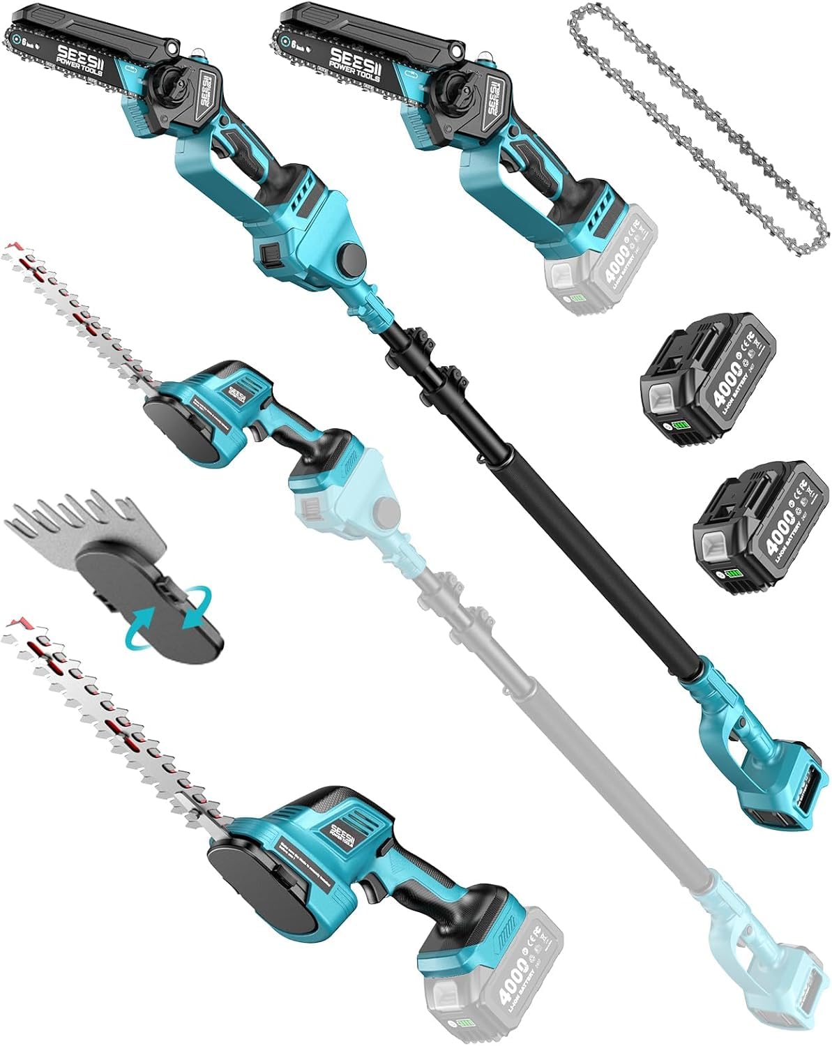 SEESII 6-in-1 Mini Kettensäge & Akku Heckenschere Set, Hochentaster mit 2 * 4000mAh Akkus, Maximale Reichweite bis zu 4,57m, Geeignet für Gartenpflege und zum Holzfällen