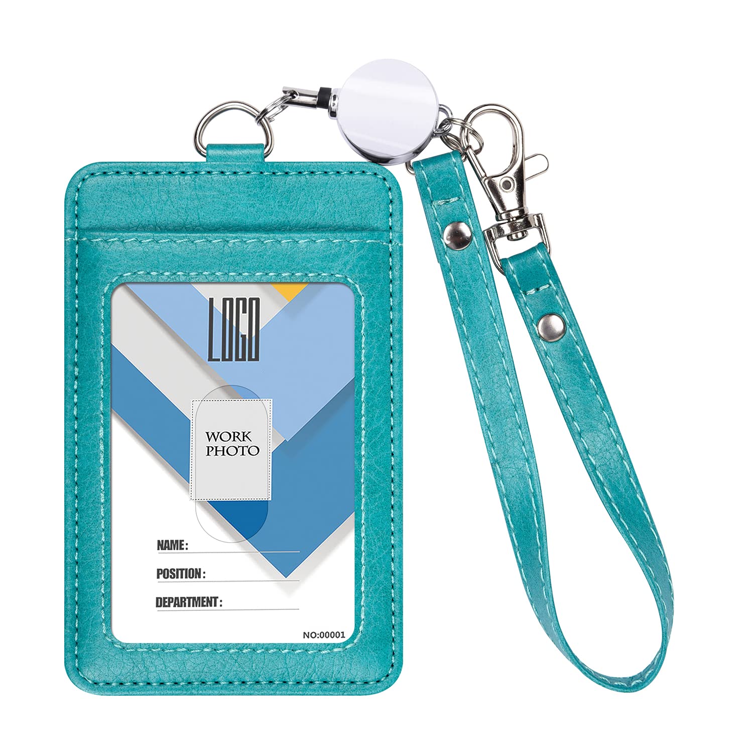 Wisdompro Badge Holder with Retractable Lanyard, 2-Sided PU Leather ID Card Holder Wallet Case with Retractable Reel and Wrist Strap for Work, Metro and Bus Pass - Vertical, GreenBlue