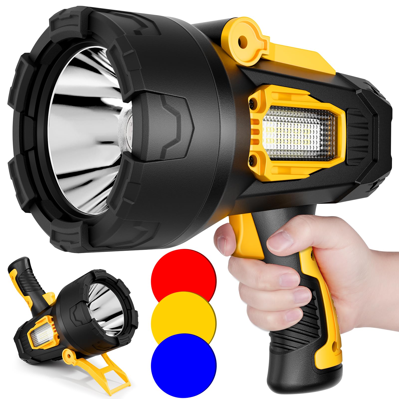 Photo 1 of Rechargeable Spotlight, 99000 Lumens Super Bright Led Spotlights Flashlight with Cob Light & Foldable Tripod, 10000?Ah Spot Lights Long Runtime, Handheld Spotlight for Hunting Boating Outdoor