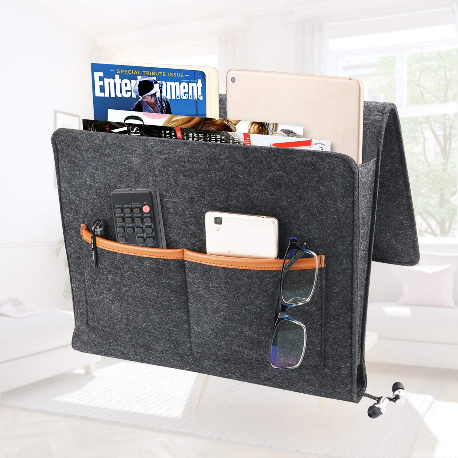 Idefair Bedside Storage Pocket,Felt Hanging Organizer Bag Sofa Bed Caddy Storage Organizer with Cable Holes,Magazine Phone Tablet Small Things Holder for Home Bedroom, Living Room, Dorm Room, Desk