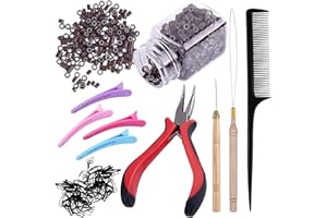Duufin Hair Extensions Kit 500 Pcs Brown Micro Ring Beads 1 Micro Beads Plier 2 Hook Needle Pulling Loop 4 Plastic Alligator Hair Clips 1 Comb and 2 Bags Black Mini Rubber Hair Elastic