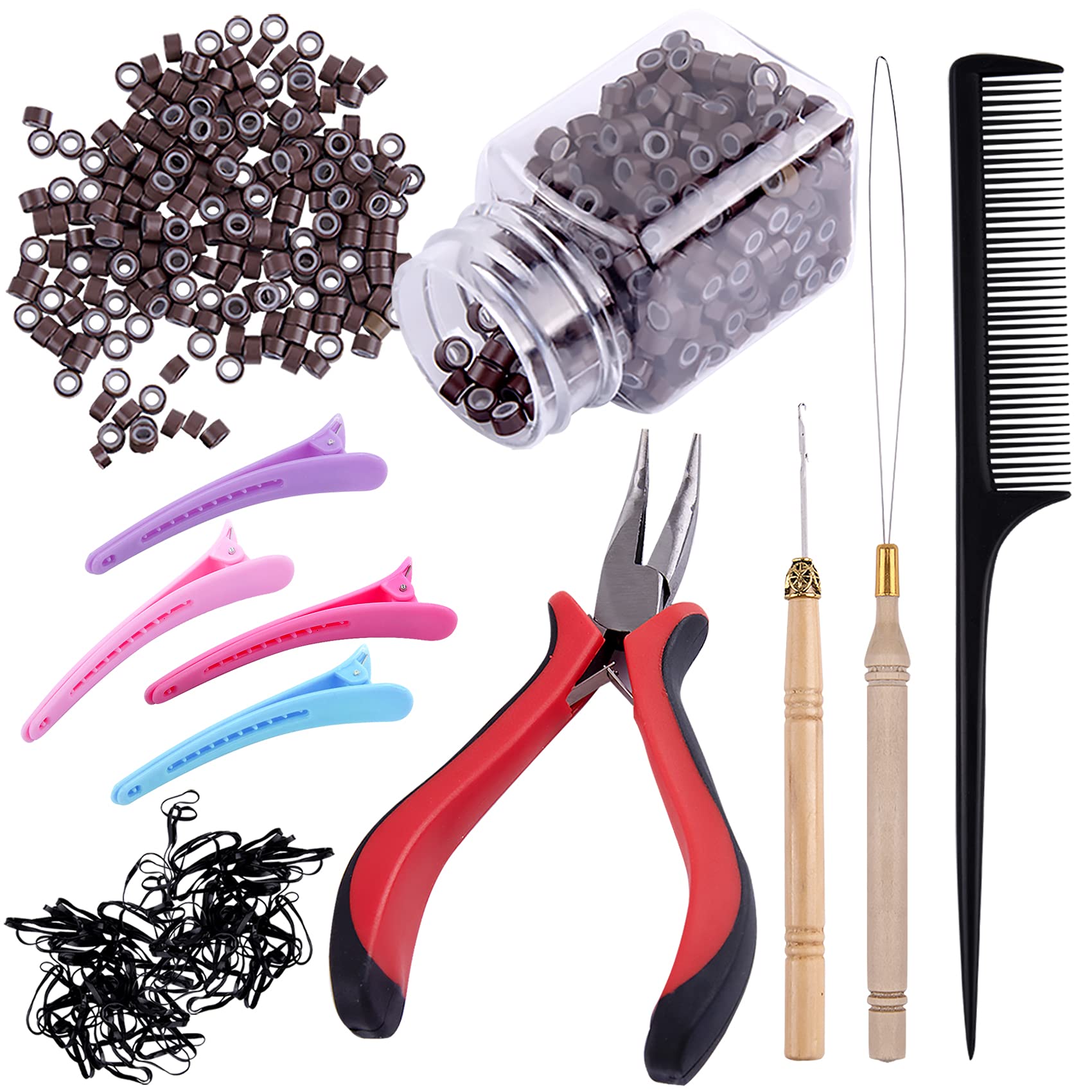 Duufin Hair Extensions Tools Kit - 500 Brown Micro Ring Beads, 1 Pc Micro Beads Plier, 2 Loop Needles, Threader, Pulling Hook, 4 Plastic Alligator Clips, Comb and 2 Bags Mini Rubber Bands