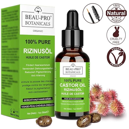 Bio Rizinusöl Castor Oil - für Wimpern, Haare, Augenbrauen, Bart und Gesicht, Kaltgepresstes Rizinus Öl, Reines, Natürliches,