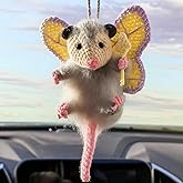 VioraWhite Fairy God Possum Car Charm Opossum Gifts Rearview Mirror Accessory Hanger Cute Animal Interior Hanging Ornament Funny Crochet Opossum Car Charm Decor for Women